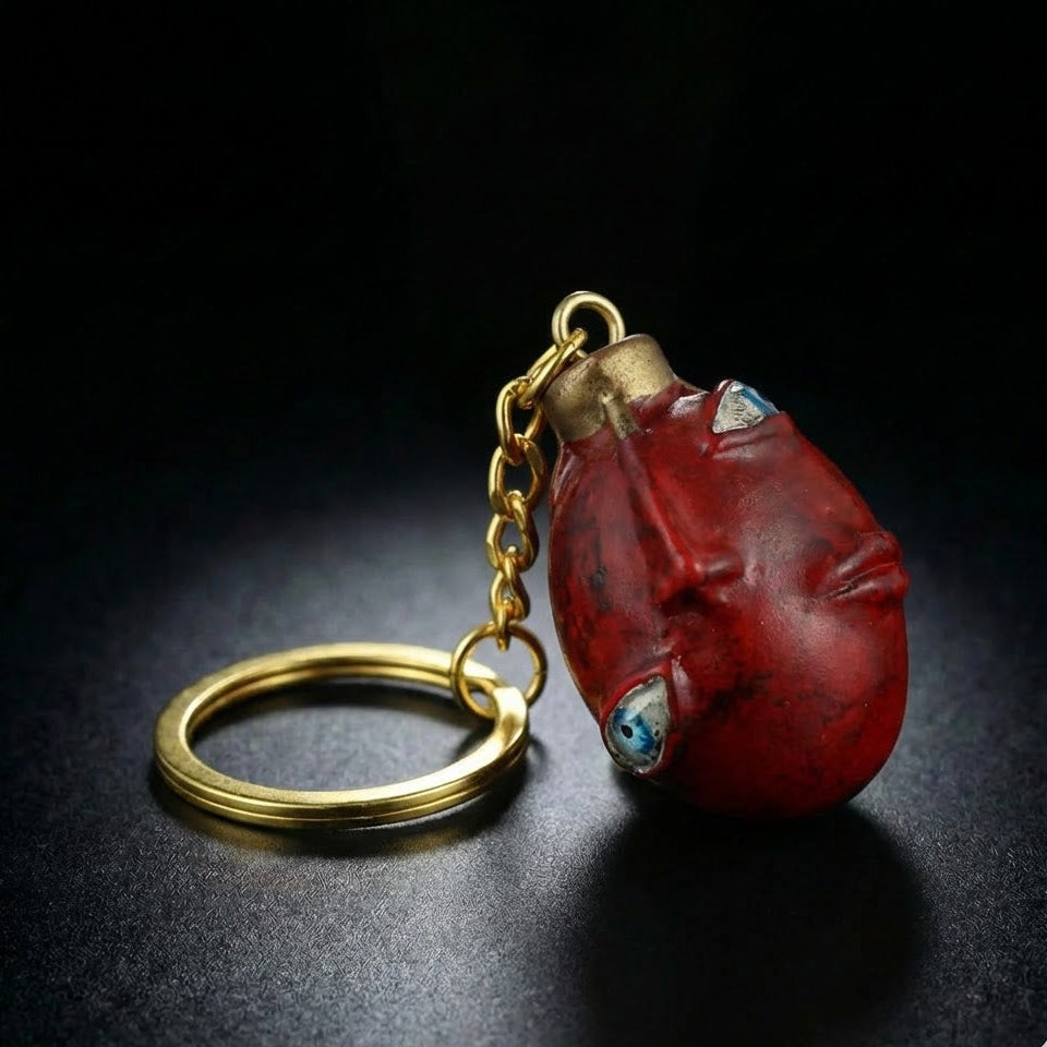 Red stone keychain with gold chain on a dark background