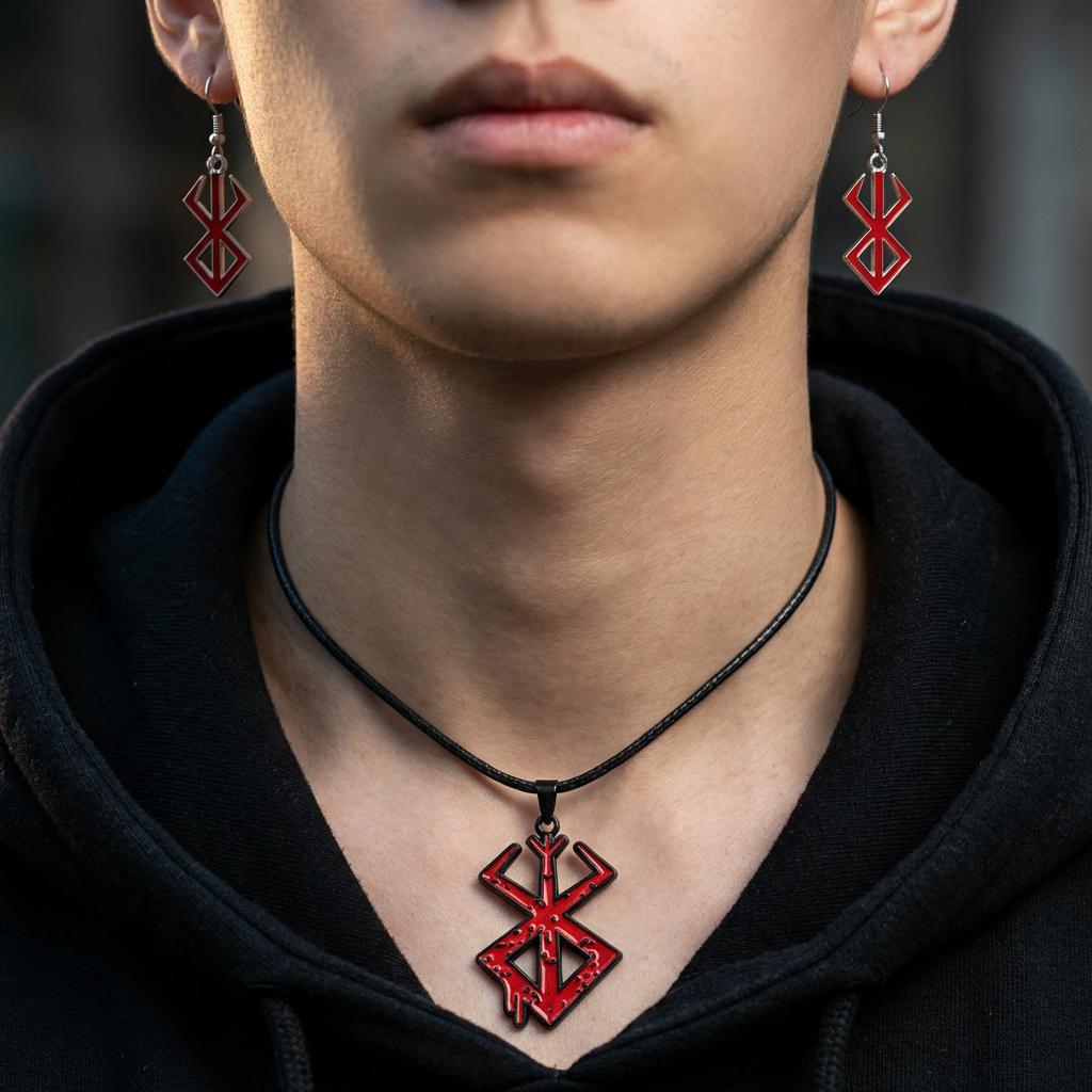 Person wearing a black hoodie with a red pendant necklace and matching earrings.