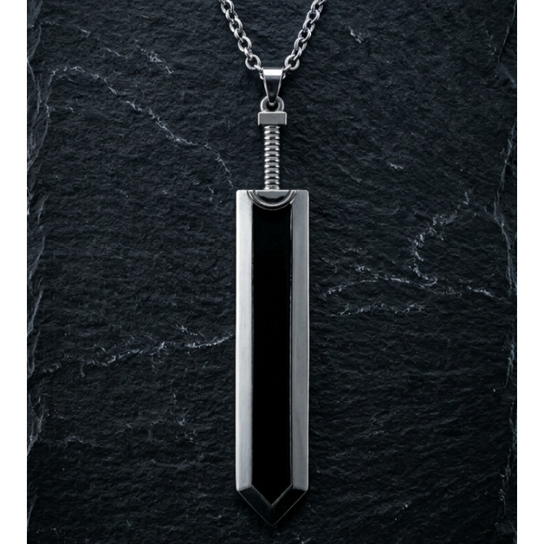 Black pendant on a silver chain against a dark stone background