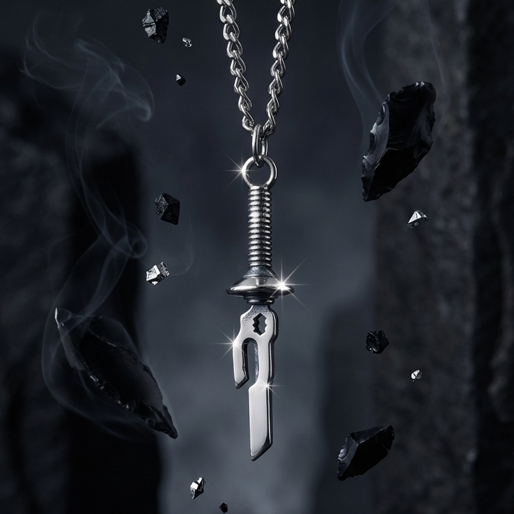 Silver necklace with a unique pendant against a dark background
