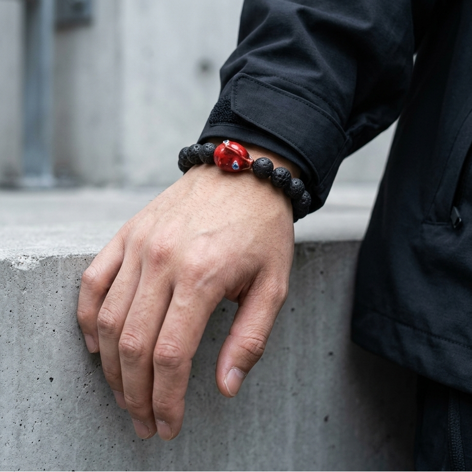 Person wearing a bracelet with red charm on a concrete surface
