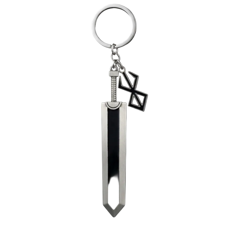 Metal keychain with sword design on a black background