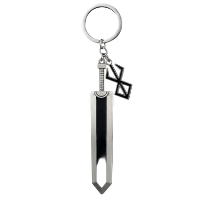 Metal keychain with sword design on a black background