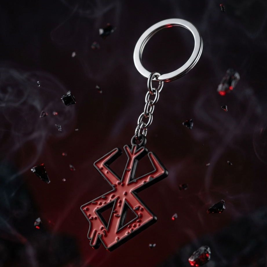Keychain with a red symbol on a dark background