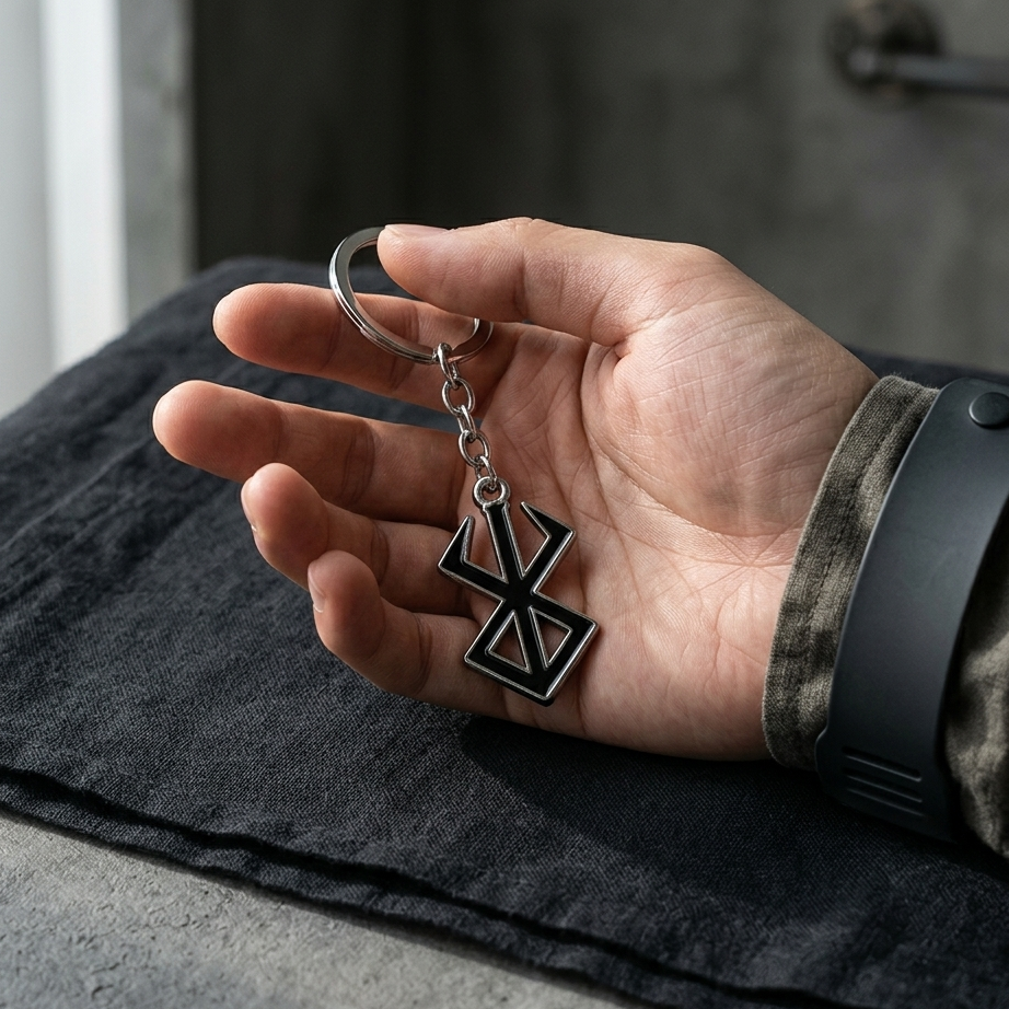 Hand holding a keychain with a cross design on a dark surface