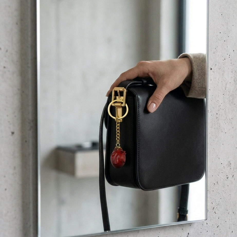Person holding a black handbag with a gold chain and red charm in front of a mirror.