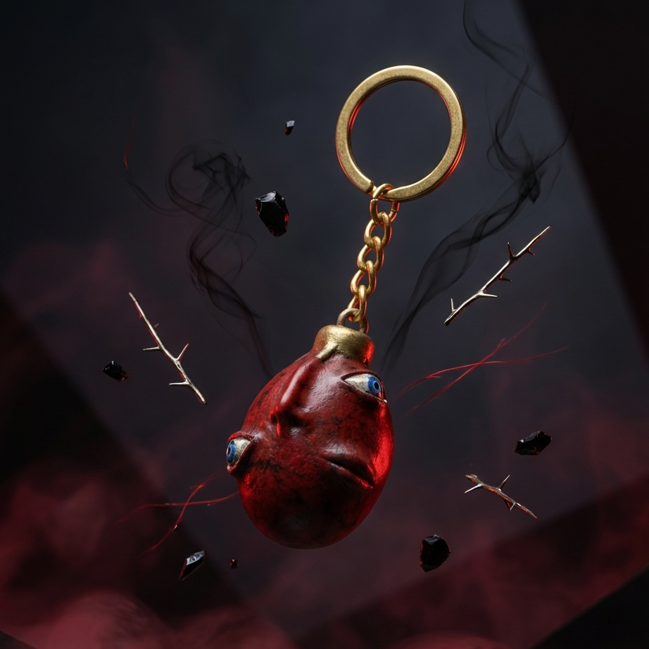 Red keychain with gold chain on a dark background