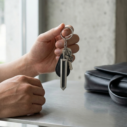 Person holding a keychain with a key on a table
