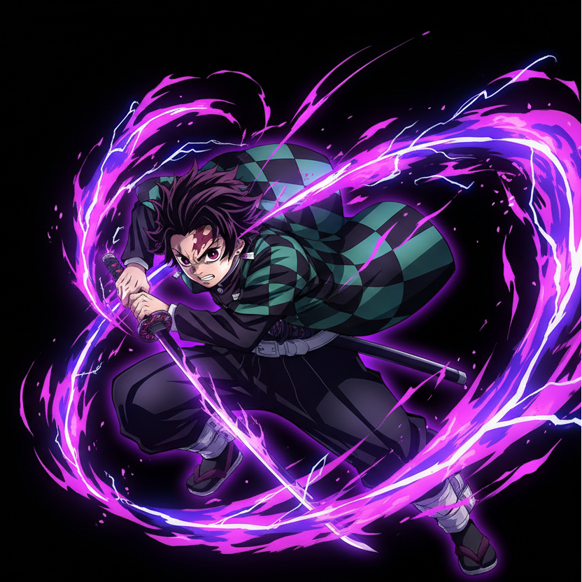 Anime character with purple energy effects on black background