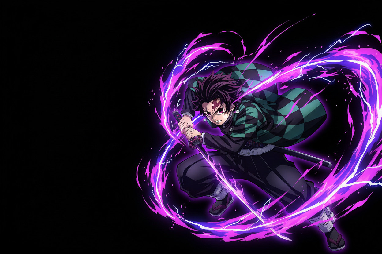 Anime character with purple energy effects on black background