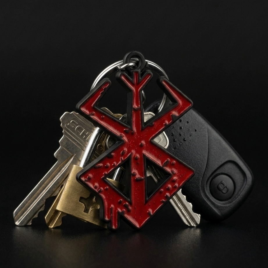 Keychain with red symbol, keys, and a pocket knife on a black background