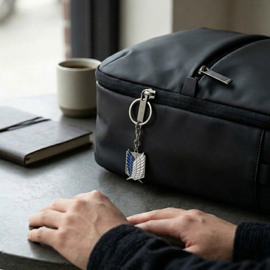 Black travel bag with a keychain on a table next to a notebook