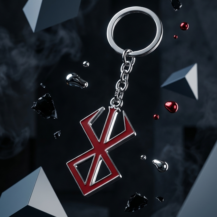 Keychain with a red and silver design on a dark background