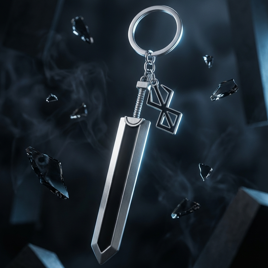 Metallic keychain with a unique design on a dark background