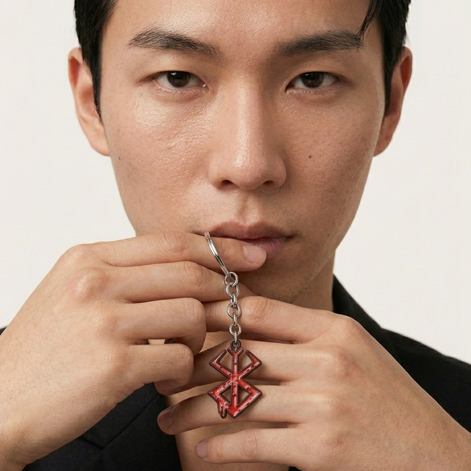 Man holding a red and silver pendant against a neutral background