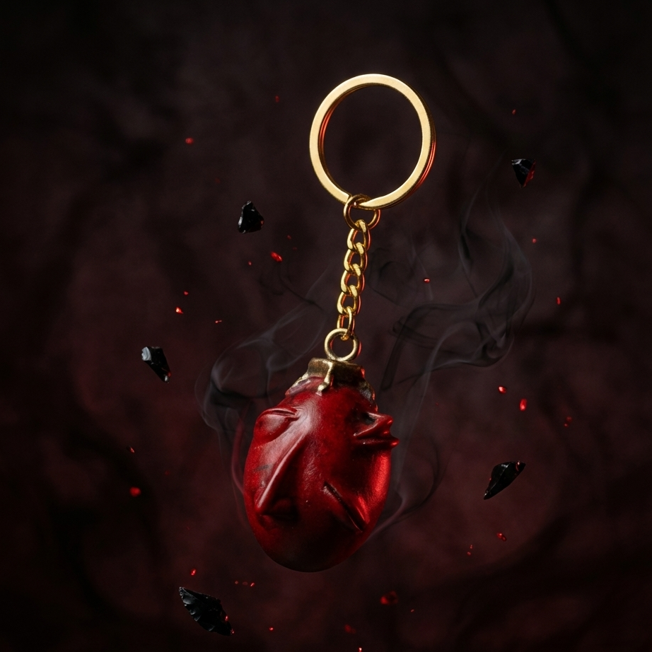 Red rose keychain on a dark background with smoke effects