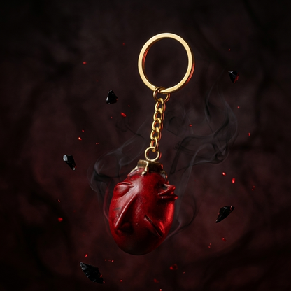 Red rose keychain on a dark background with smoke effects