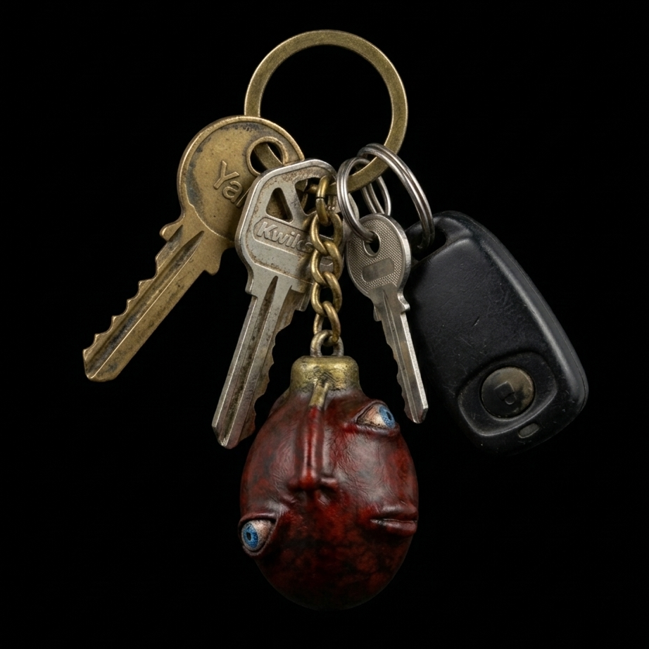 Keychain with keys and a red glass charm on a black background