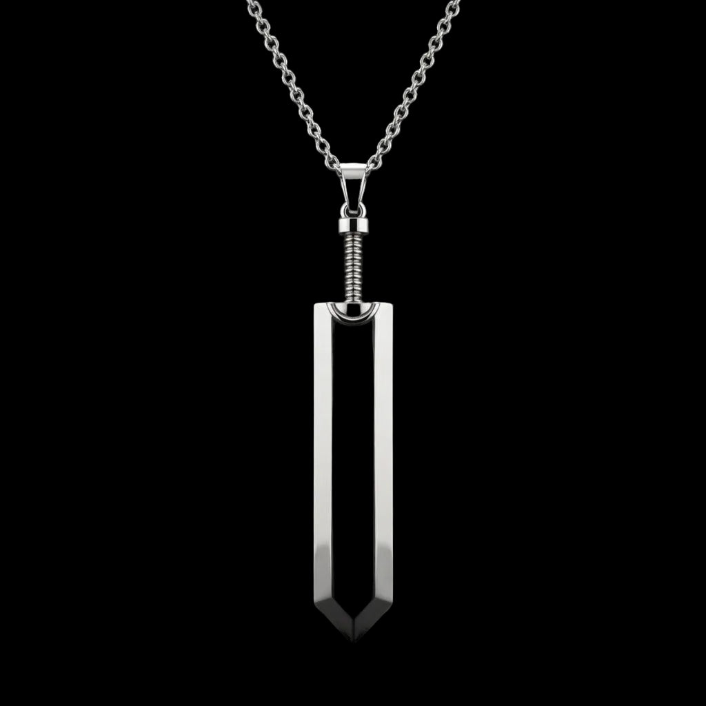 Black pendant on a silver chain against a black background