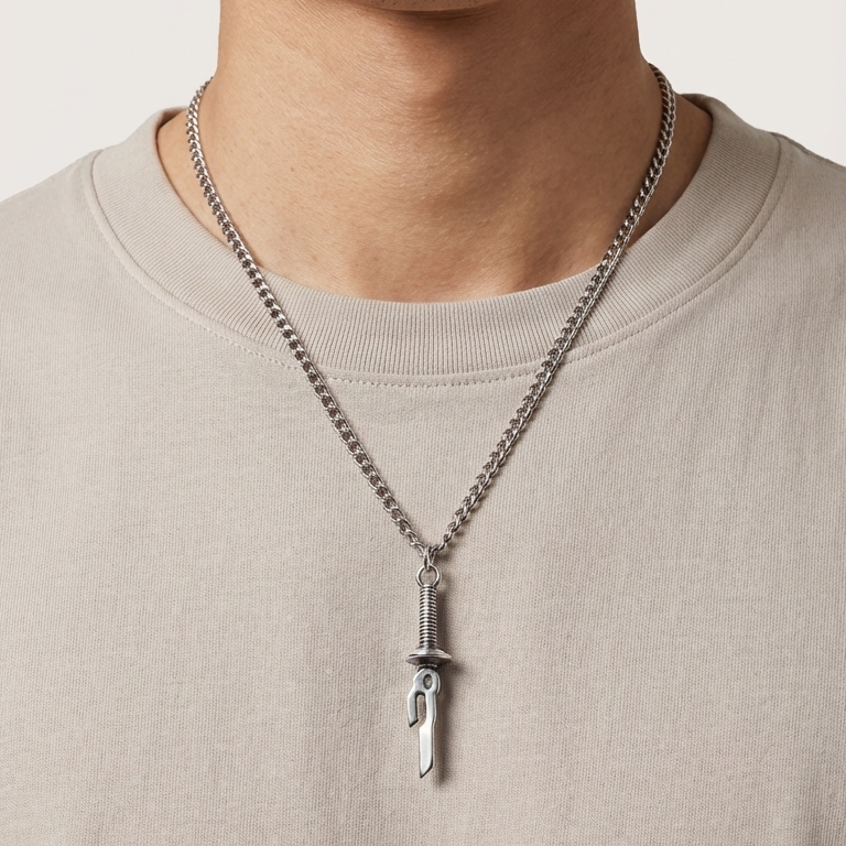 Man wearing a necklace with a pendant on a plain background