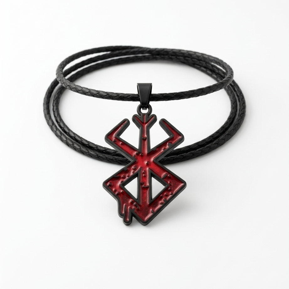 Black leather cord necklace with a red and black pendant on a white background