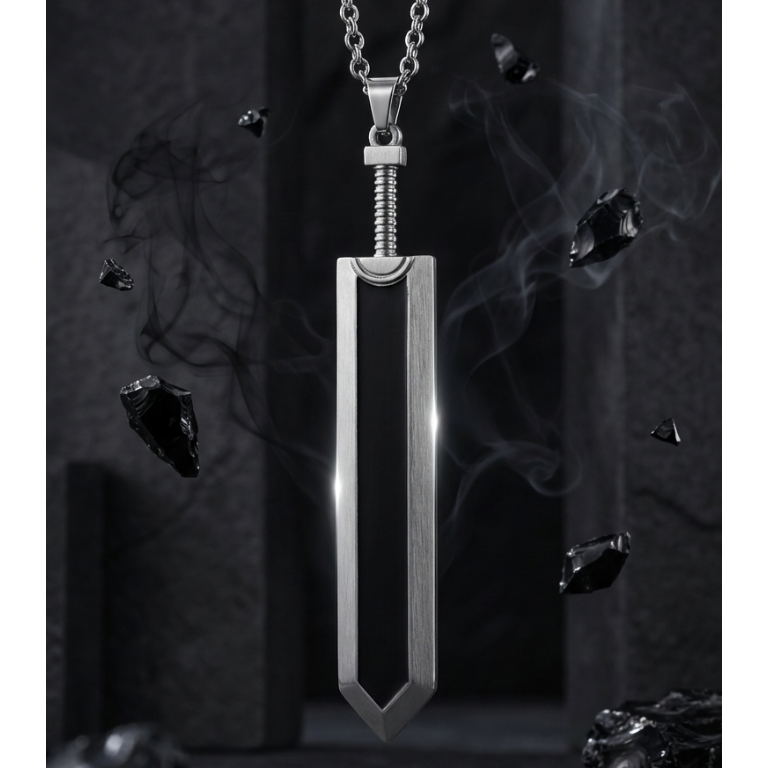 Silver pendant necklace with a black stone on a dark background