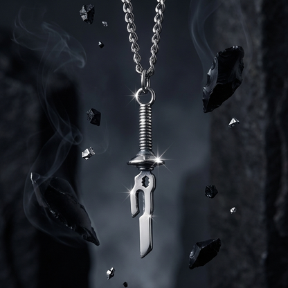 Silver necklace with a unique pendant against a dark background