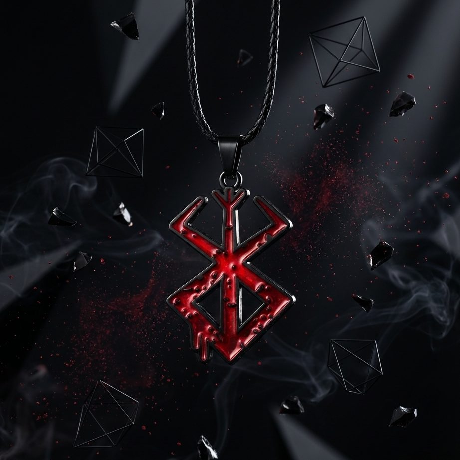 Red pendant with a black chain on a dark background