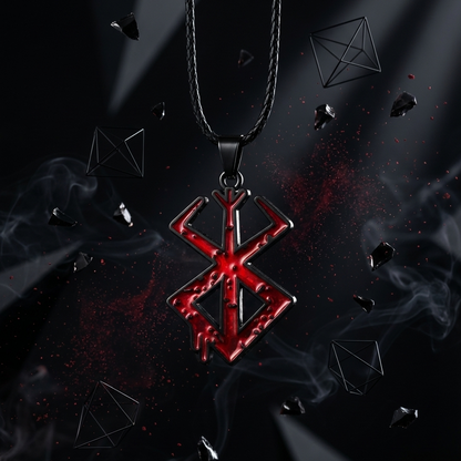 Red pendant with a black chain on a dark background