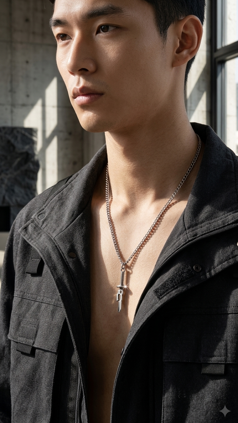 Man wearing a black jacket and necklace with a pendant indoors