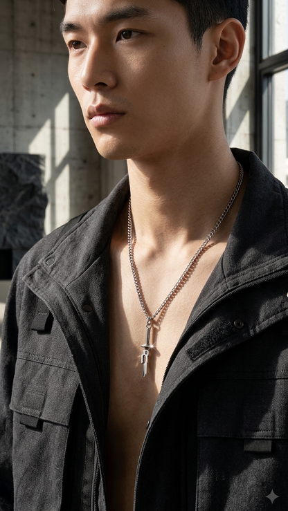 Man wearing a black jacket and necklace with a pendant indoors