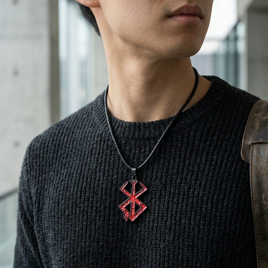 Person wearing a dark sweater with a red and black necklace in an indoor setting