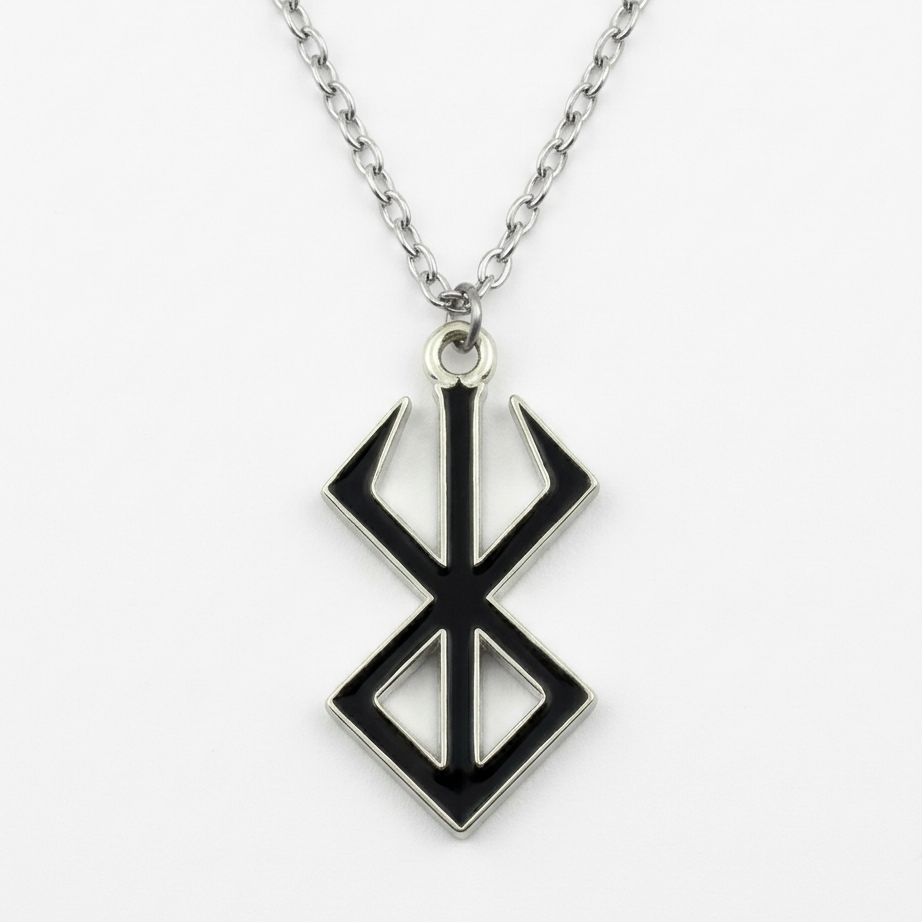 Necklace with a black and silver pendant on a white background