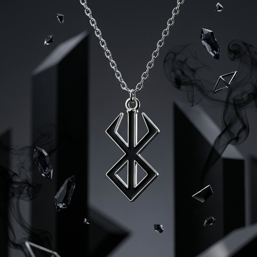 Silver necklace with a geometric pendant on a dark background