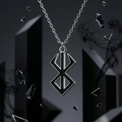 Silver necklace with a geometric pendant on a dark background