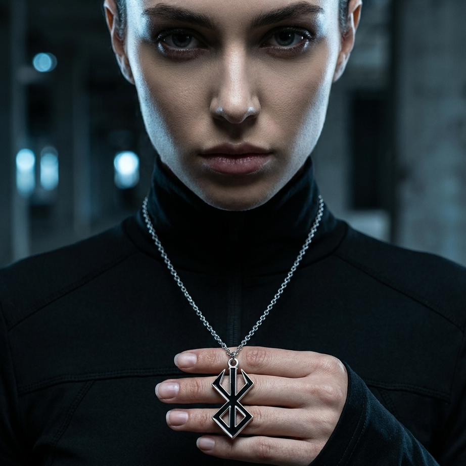 Woman wearing a black turtleneck and holding a necklace with a pendant in a dark setting