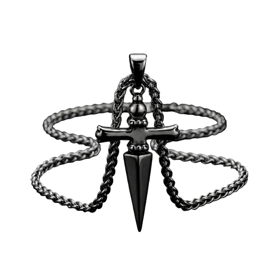 Silver dagger pendant on a braided chain against a black background