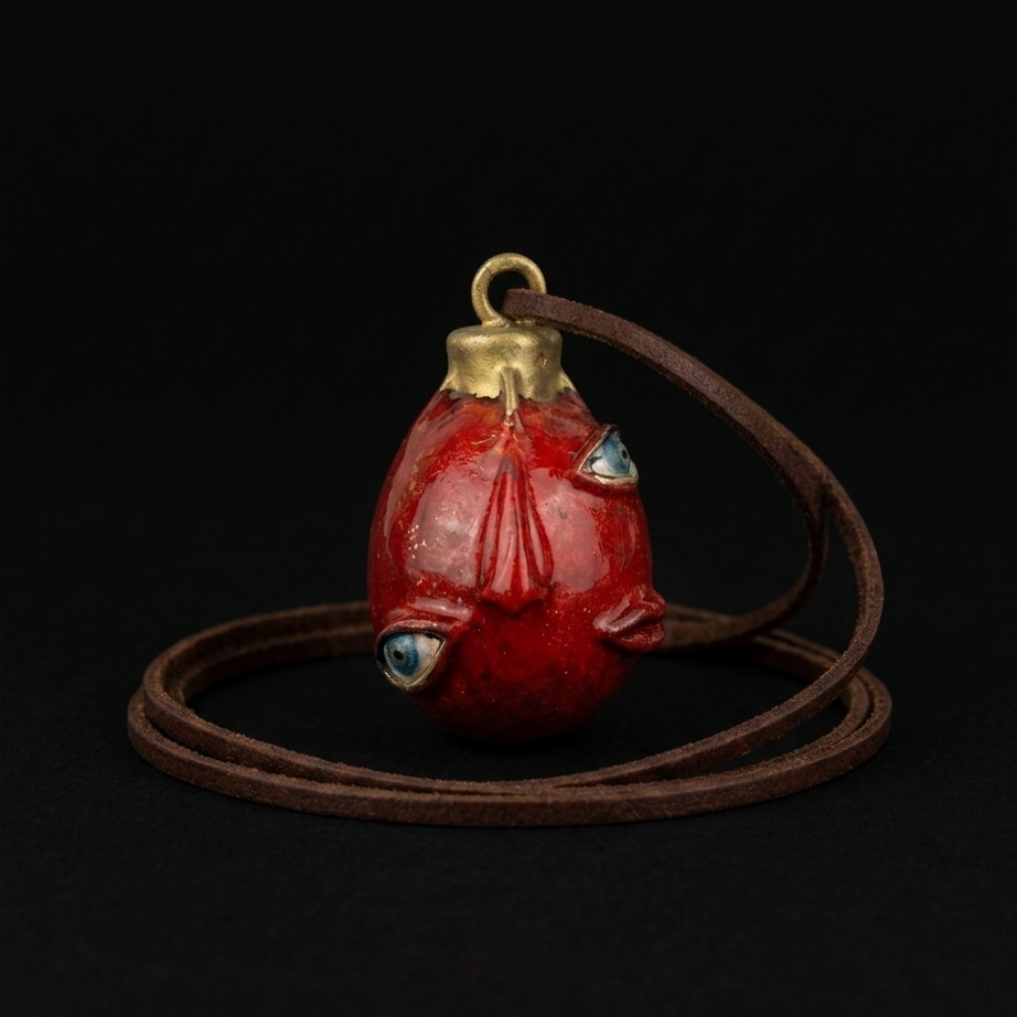 Red fish-shaped pendant on a brown cord against a black background