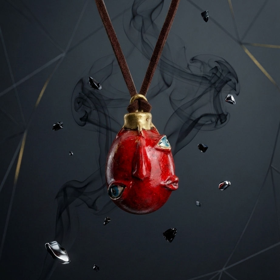Red pendant with gold accents on a dark background