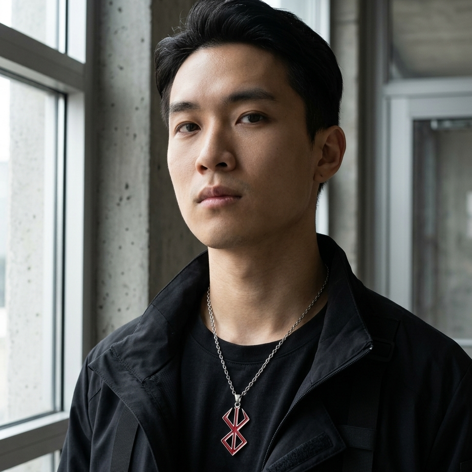 Man wearing a black jacket and necklace with a geometric pendant in front of large windows.
