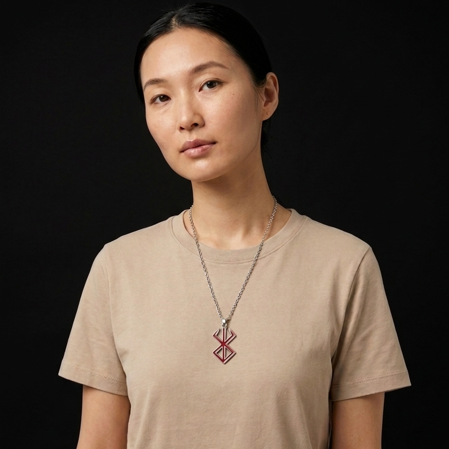 Woman wearing a beige t-shirt and a necklace with a red pendant against a black background