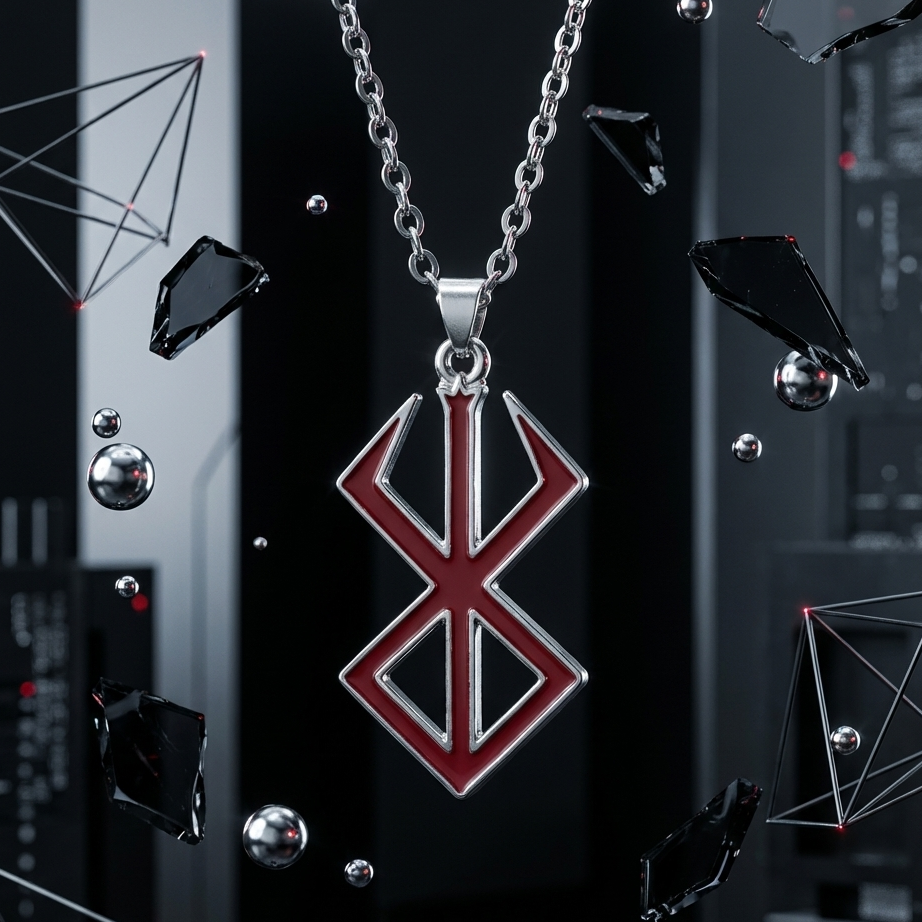 Necklace with a red and silver pendant against a dark background