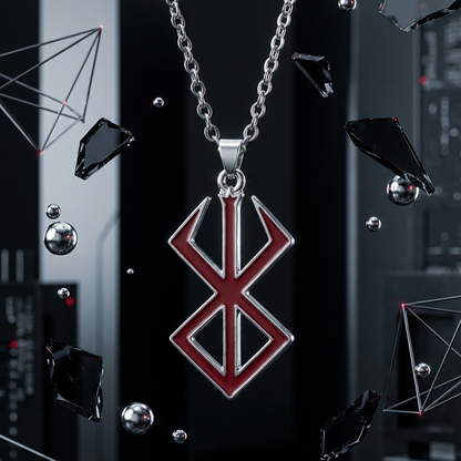 Necklace with a red and silver pendant against a dark background