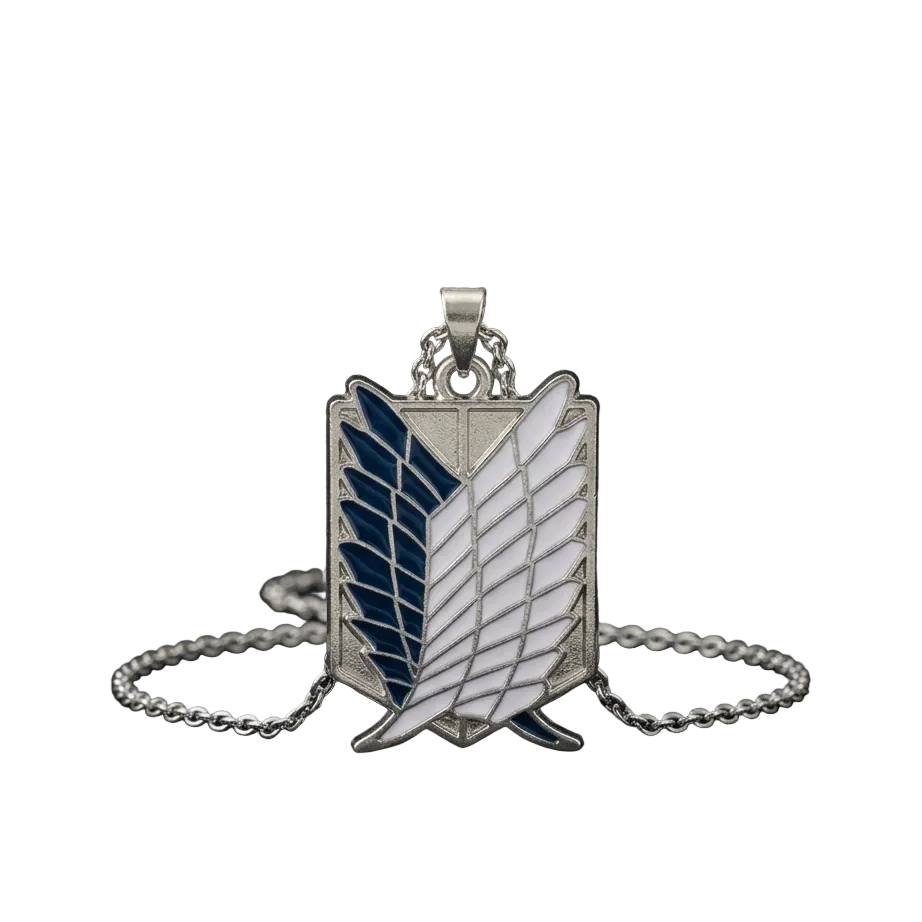 Pendant with blue and white design on a chain against a black background