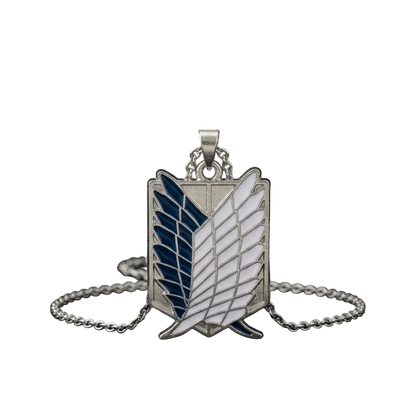Pendant with blue and white design on a chain against a black background